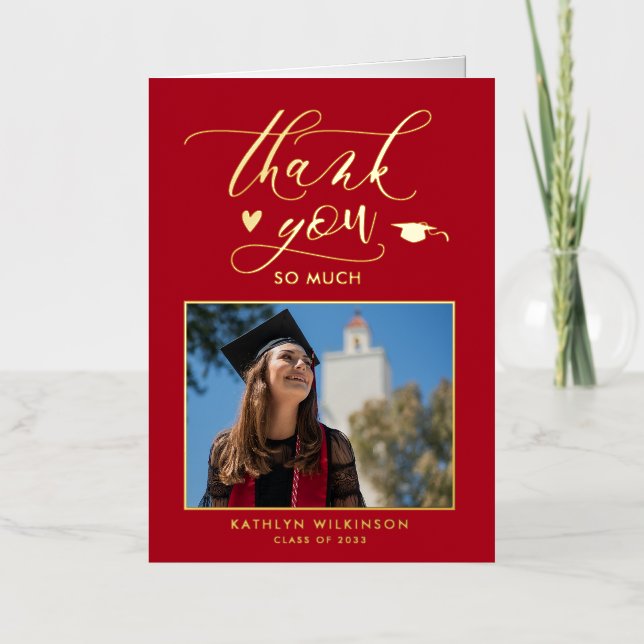 Modern Red Gold Script Graduation Thank You Foil Greeting Card (Front)