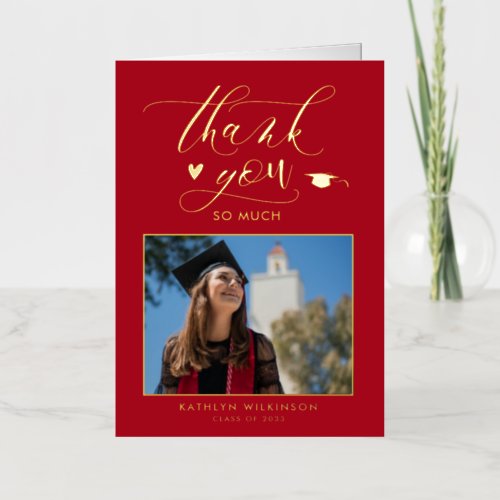 Modern Red Gold Script Graduation Thank You Foil Greeting Card