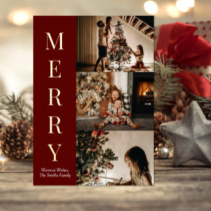 Modern Red Gold Script Merry Christmas Photo Foil Holiday Card