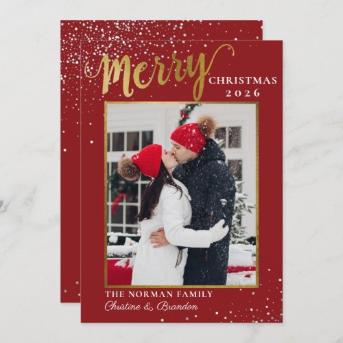 Modern Red Gold Script Merry Christmas Photo  Holiday Card