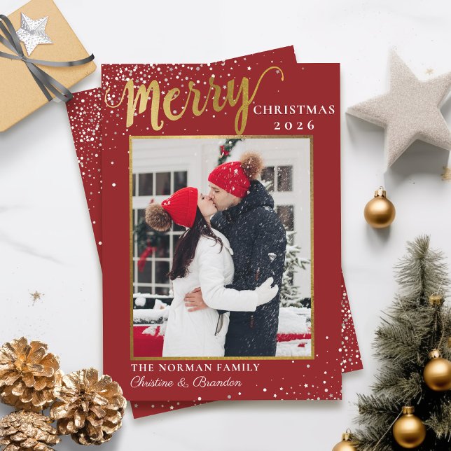 Modern Red Gold Script Merry Christmas Photo  Holiday Card (Creator Uploaded)