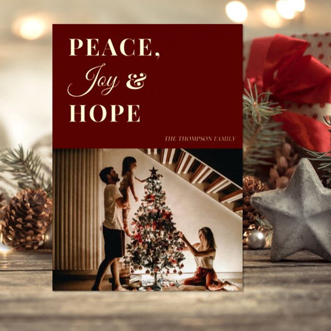 Modern Red Gold Script Peace Joy Hope Photo Foil Holiday Card (Creator Uploaded)