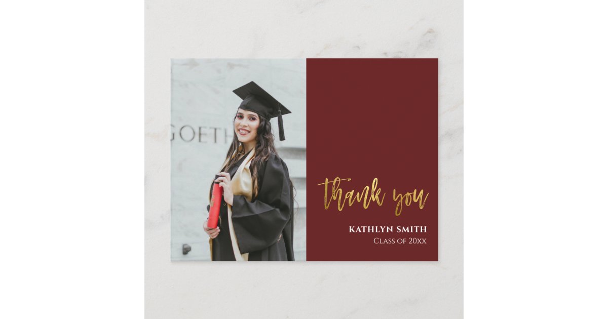 Modern Red Gold Script Photo Graduation Thank You Postcard | Zazzle
