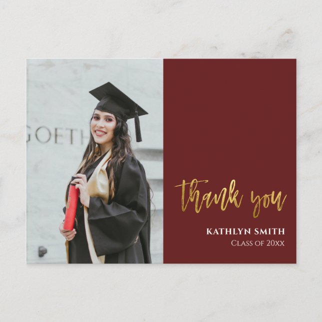 Modern Red Gold Script Photo Graduation Thank You Postcard (Front)