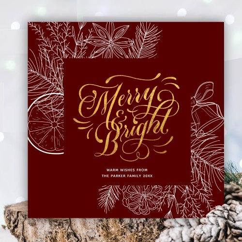 Modern Red Gold Script Pine Bough Floral Simple Holiday Card