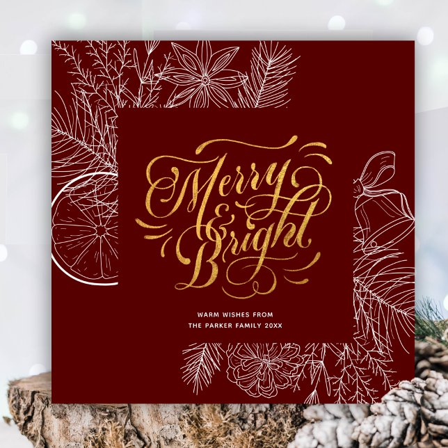Modern Red Gold Script Pine Bough Floral Simple Holiday Card (Creator Uploaded)