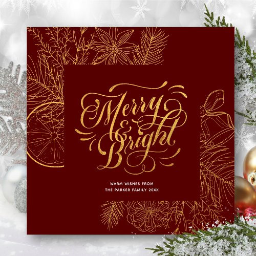 Modern Red Gold Script Pine Bough Floral Simple Holiday Card