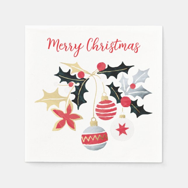 Modern Red Gold & Silver Christmas Ornaments Napkins (Front)