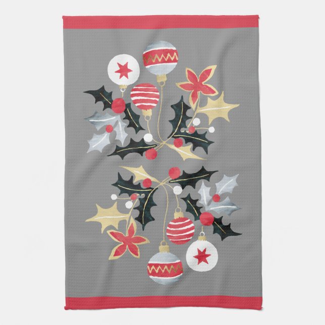 Modern Red Gold & Silver Ornaments Grey Kitchen Towel (Vertical)