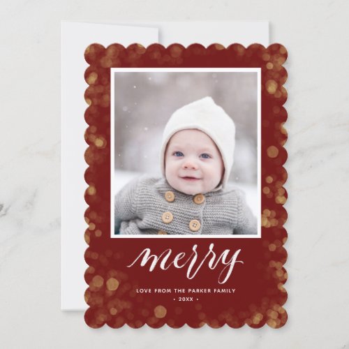 Modern Red Gold Snowflakes Bokeh Minimalist Photo Holiday Card