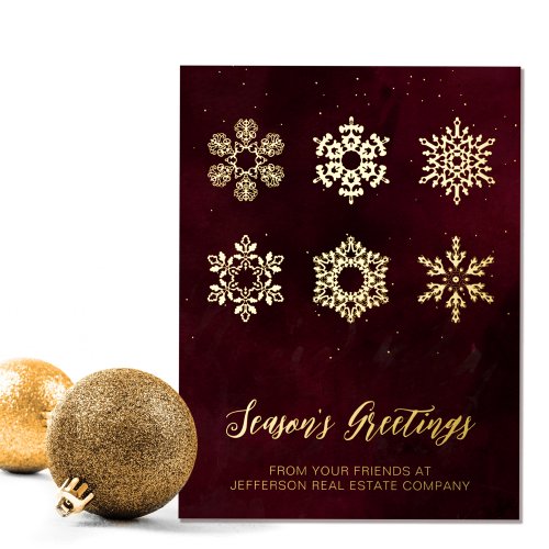 Modern Red Gold Snowflakes Business Foil Holiday Postcard