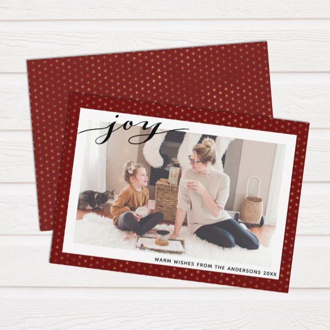 Modern Red Gold Snowflakes Elegant Script Simple Holiday Card (Creator Uploaded)