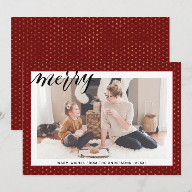 Modern Red Gold Snowflakes Stylish Script MERRY Holiday Card (Front/Back)