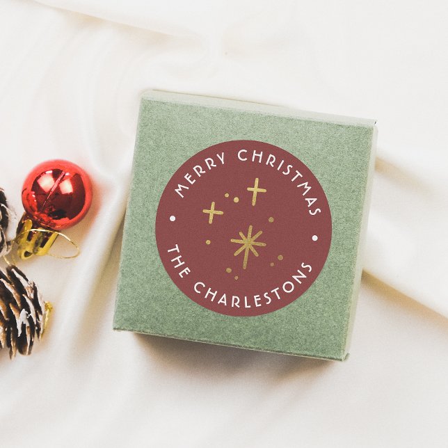 Modern Red & Gold Sparkles Merry Christmas Classic Round Sticker (Creator Uploaded)
