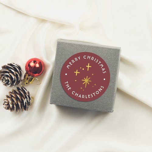 Modern Red  Gold Sparkles Merry Christmas Classic Round Sticker