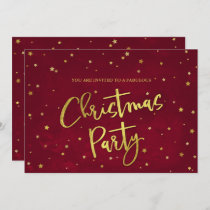 Modern Red & Gold Sparkly Stars Christmas Party Invitation