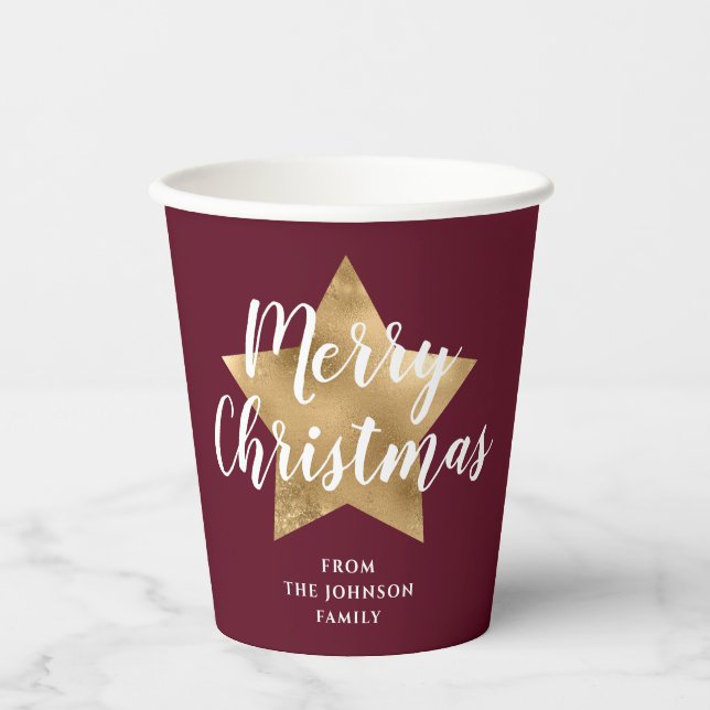 Modern Red Gold Star Christmas Paper Cups (Front)
