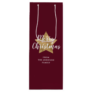Modern Red Gold Star Christmas Wine Gift Bag