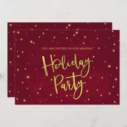 Modern Red  Gold Stars Holiday Party Invitation