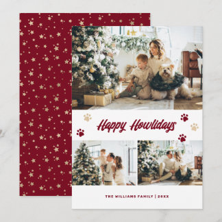 Modern Red Gold Stars Photo Dog Holiday Card