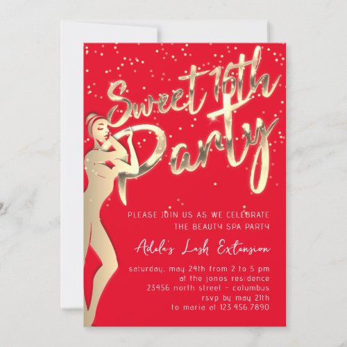 Modern Red Gold Sweet 16th Party Script  Invitation