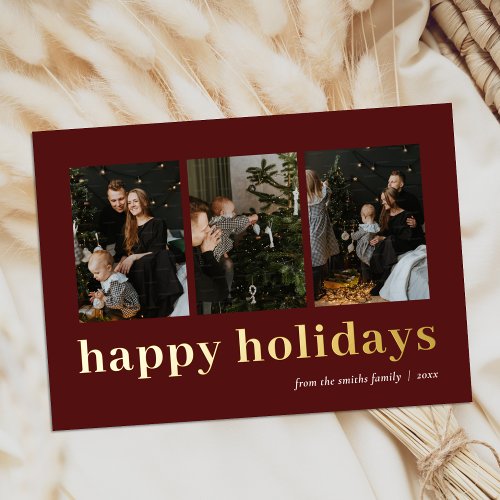 Modern Red Gold Typography Happy Holidays Photo Foil Holiday Card