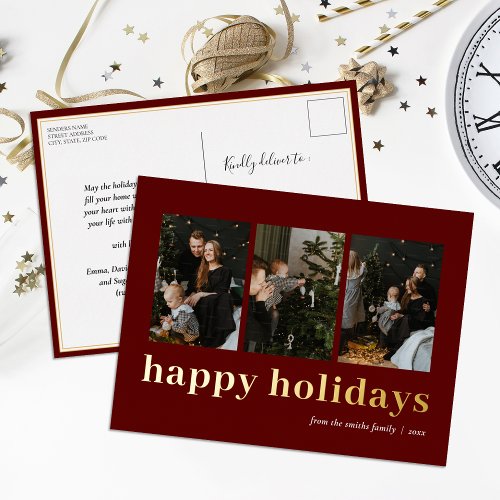 Modern Red Gold Typography Happy Holidays Photo Foil Holiday Postcard