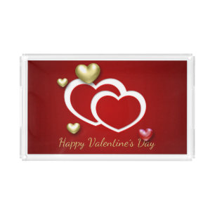 Modern Red Gold Valentine Hearts Acrylic Tray