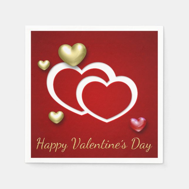 Modern Red Gold Valentine Hearts Paper Napkins (Front)