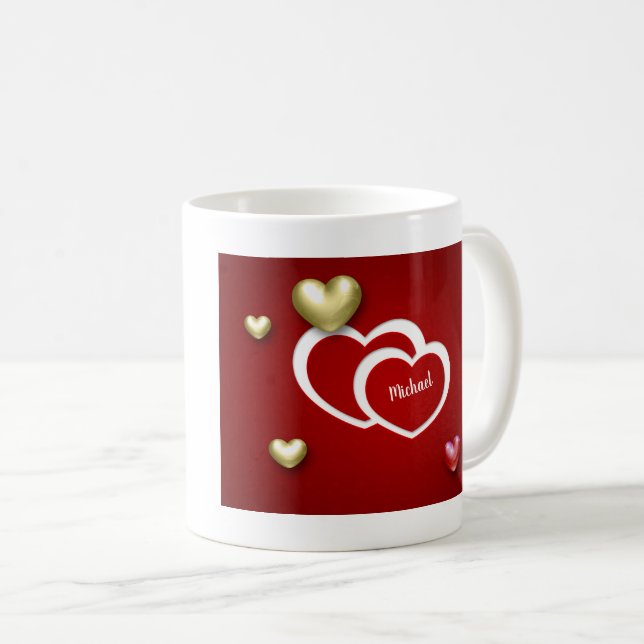 Modern Red Gold Valentine's Day Hearts Coffee Mug (Front Right)