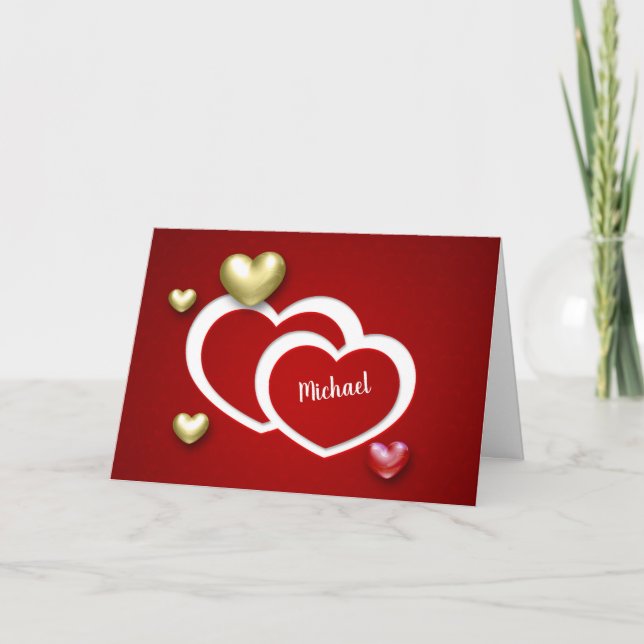 Modern Red Gold Valentine's Day Hearts Holiday Card (Front)