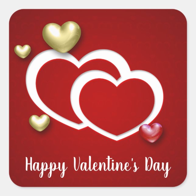 Modern Red Gold Valentine's Day Hearts Square Sticker (Front)