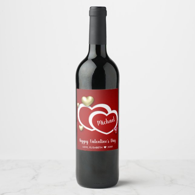 Modern Red Gold Valentine's Day Hearts Wine Label (Front)