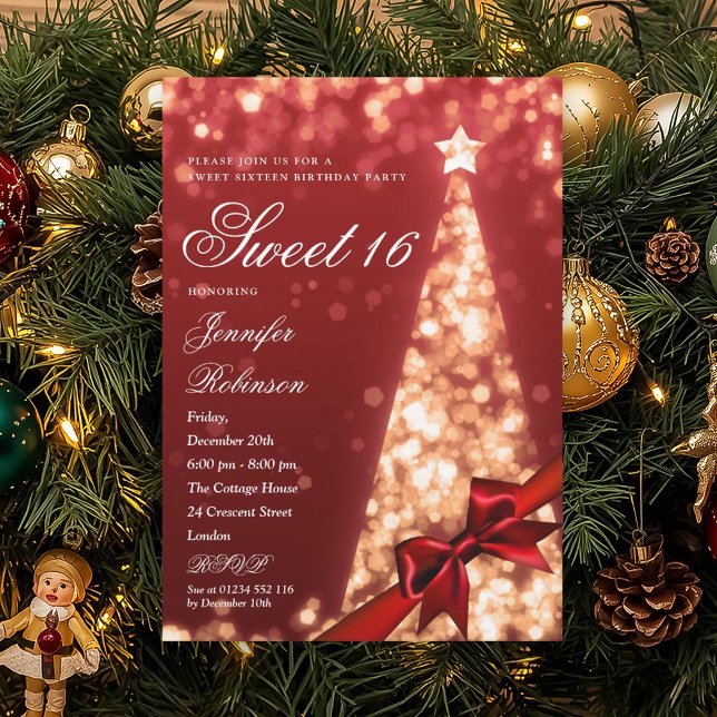 Modern Red Gold Xmas Tree Bow Sweet 16 Birthday  Invitation (Modern Red Gold Xmas Tree Bow Sweet 16 Birthday Invitation)