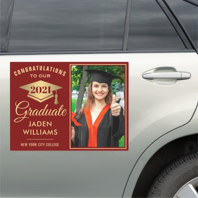Modern Red Golden PHOTO Graduation Large Car Magnet (In Situ)