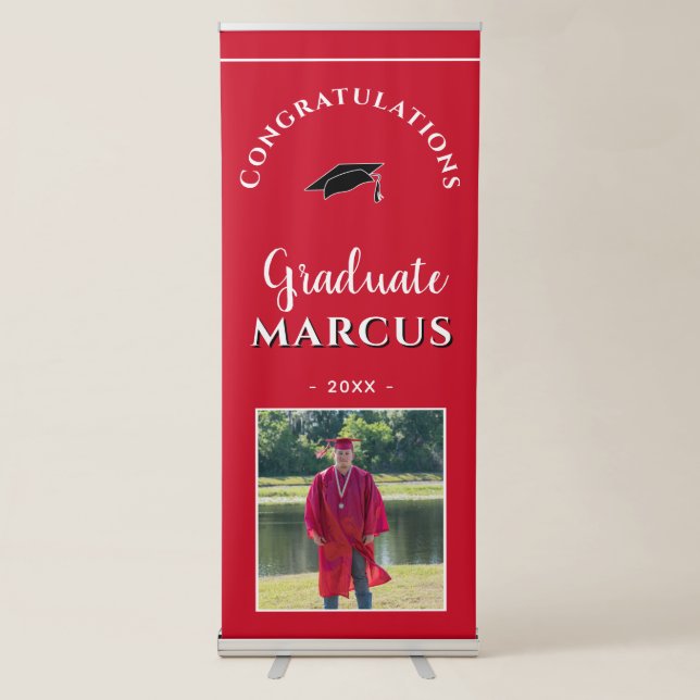 Modern Red Graduate Name Photo Graduation Party Retractable Banner (Front)