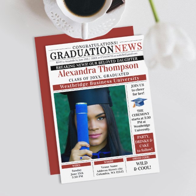 Modern Red Graduation Newspaper Front Page College Invitation (Creator Uploaded)