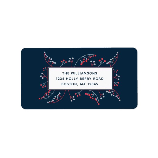Modern red gray berries on navy blue illustration label (Front)