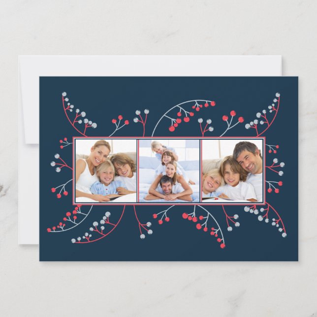 Modern red gray berries Photo flat Christmas Holiday Card (Front)