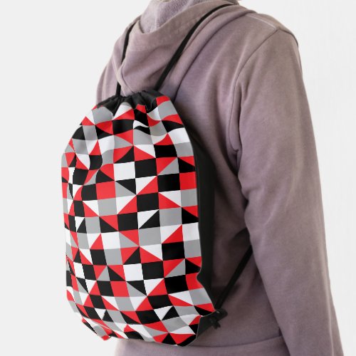 Modern Red Gray Black Geometric Polygon Pattern Drawstring Bag