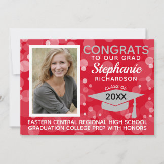 Modern Red Gray Bokeh Bubbles Photo Graduation Invitation