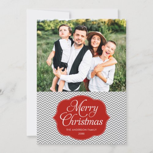 Modern Red Gray Chevron Christmas Photo Card