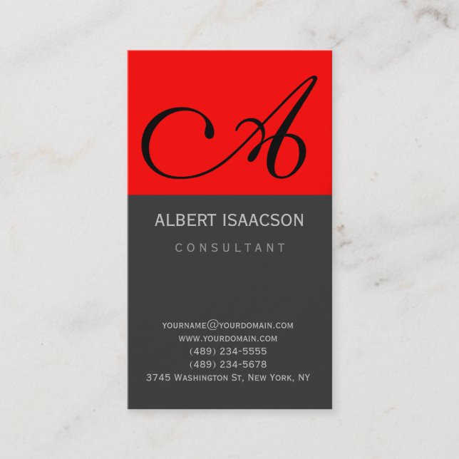 Modern Red Gray Simple Monogram Business Card (Front)
