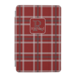 Modern Red Gray Tartan Monogram Initial Plaid iPad Mini Cover