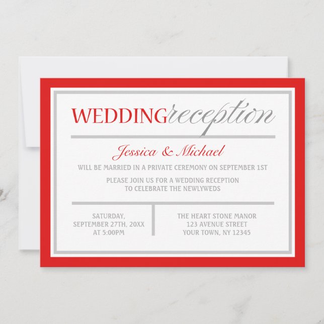 Modern Red & Gray Wedding Reception Invitations (Front)