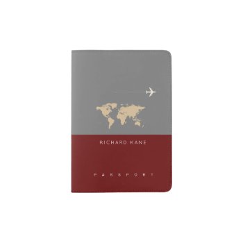 Modern Red Gray World Passport Cover With Name by mixedworld at Zazzle