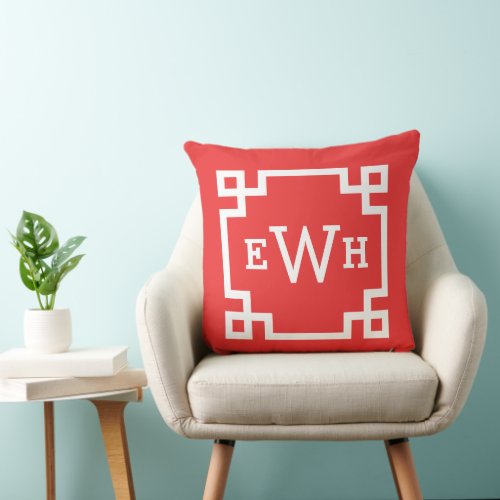 Modern Red Greek Key Custom Monogram Throw Pillow