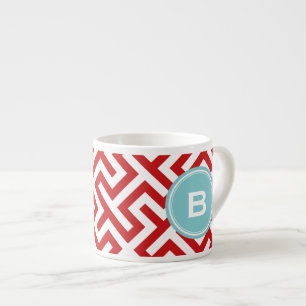 Modern red greek key geometric patterns monogram espresso cup