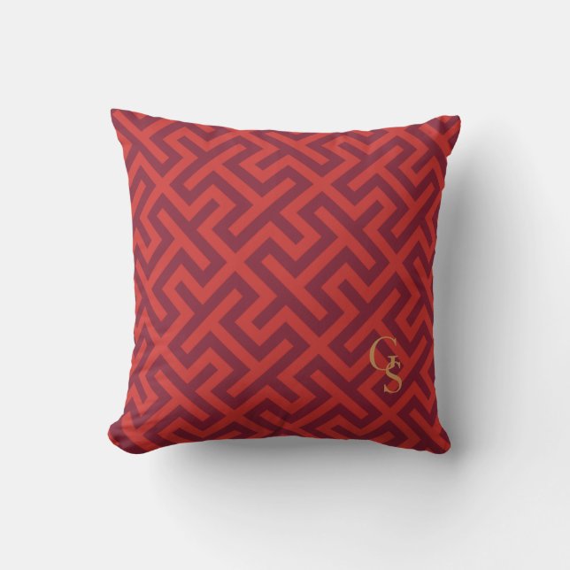 Modern red greek key geometric patterns monogram throw pillow (Front)