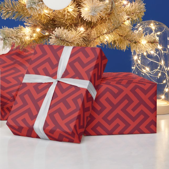 Modern red greek key geometric patterns monogram wrapping paper (Holidays)